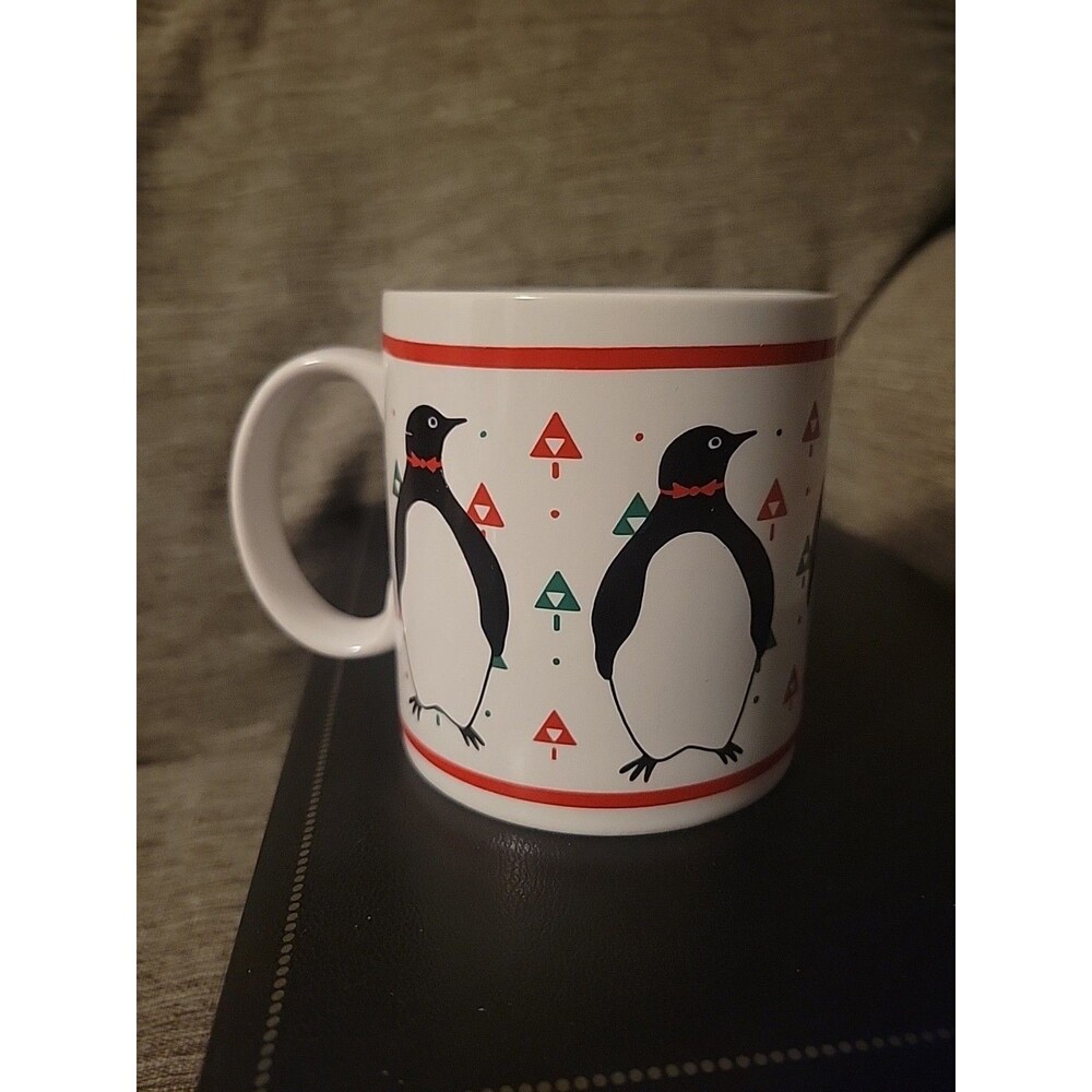 Vtg Penguin Christmas Mug 1986 Bright Of America Korea Holiday Trees Geometric